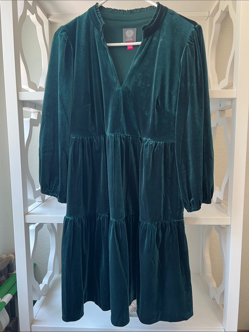 Vince Camuto Dark Hunter Green Velvet Tiered Puff 3/4 Sleeve Dress Size Size 8